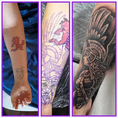 Three panel cover-up showing an old red forearm tattoo, a purple stencil, then a finished winged warrior woman in a crested helmet
