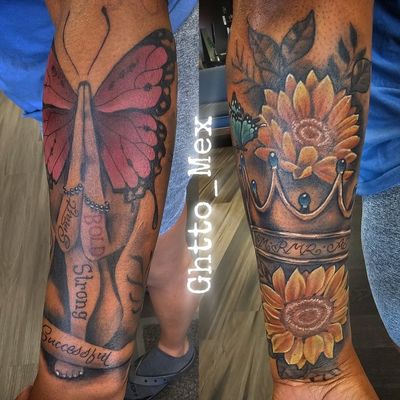 Color forearm sleeve with a pink butterfly over praying hands, script word banners, sunflowers and a crown