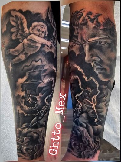Black and grey forearm sleeve with a cherub archer, storm clouds, a sailing ship and forked lightning