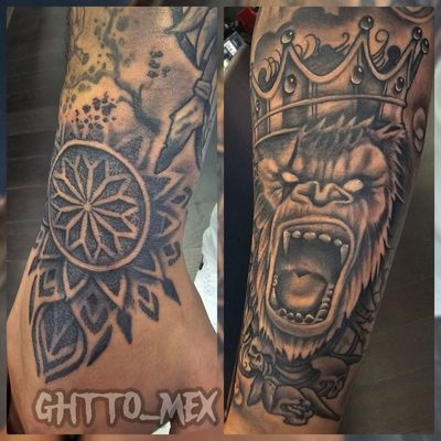 Black and grey ornamental mandala on the hand beside a crowned, roaring gorilla on the forearm.