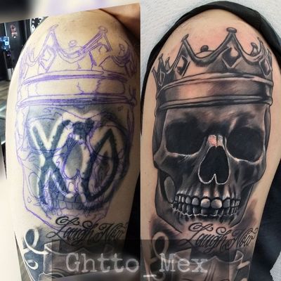 Before and after cover-up showing stencil over an old tattoo and a finished crowned skull