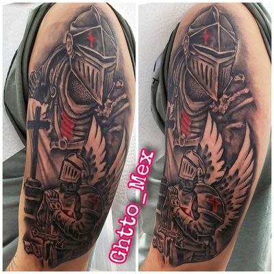 Two views of an upper arm tattoo showing an armored knight above a kneeling winged knight beside a grave cross