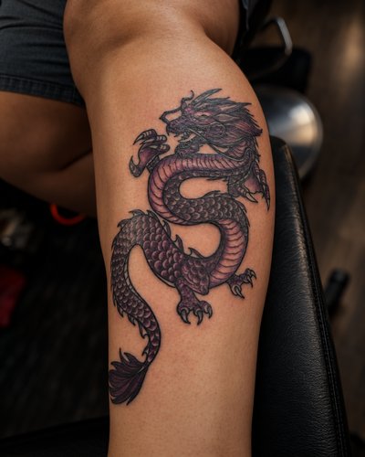 Purple dragon with a curved scaled body and raised claws on the thigh