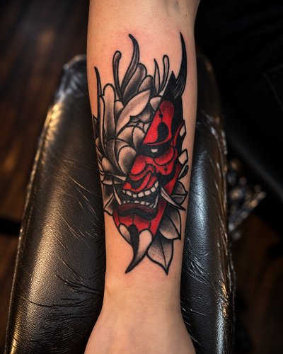 Red horned mask with black and grey petals on the forearm