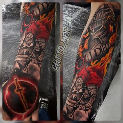 Forearm sleeve with armored knight, red cloak, orange flames and bold YOU DIED lettering.