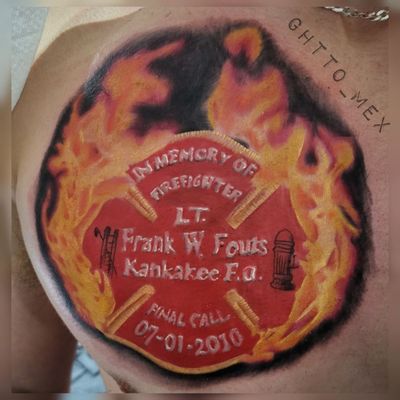 Color firefighter Maltese cross in orange flames with memorial lettering and a final call date