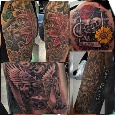 Four panel collage showing a color lioness with cubs and lilies, a skeleton lovers card, winged figures and a lion sleeve