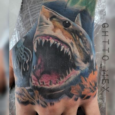 Color realism great white shark with open jaws and bared teeth covering the back of a hand