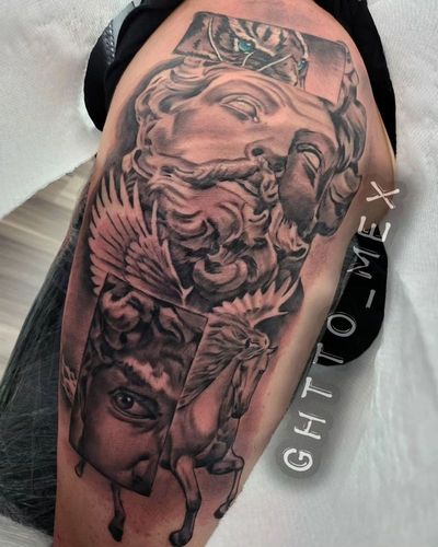 Black and grey thigh piece with a bearded Greek statue head, a Pegasus and a classical face
