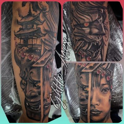Three angles of a hannya mask, pagoda and woman's face tattoo shot through fresh plastic wrap