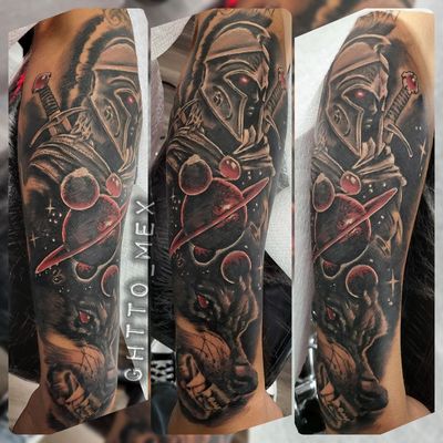 Three angles of an arm sleeve with a helmeted warrior, crossed sword, ringed red planet, snarling wolf and a skull