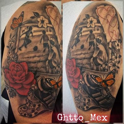 Memorial upper arm piece showing children playing soccer with a red rose, monarch butterflies and a cleat.