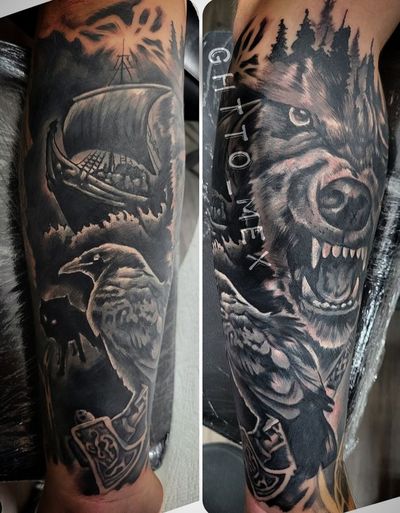 Norse forearm sleeve in black and grey with a longship, a raven, a hammer and a snarling wolf.