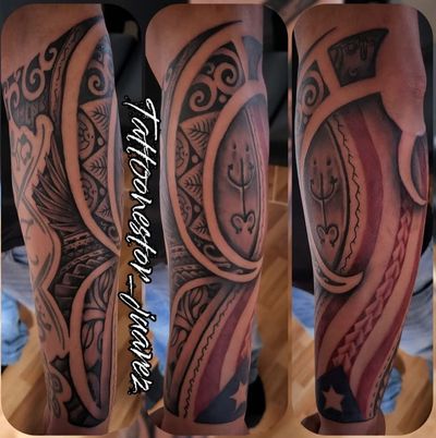Polynesian style black patterns wrapping a forearm beside a red, white and blue Puerto Rican flag
