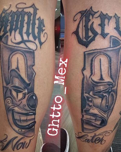 Chicano smile now cry later clown masks paired with old English and script lettering in black and grey.