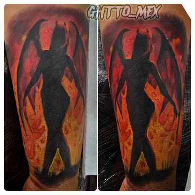 Black winged figure silhouetted against orange and red flames, shown from two angles